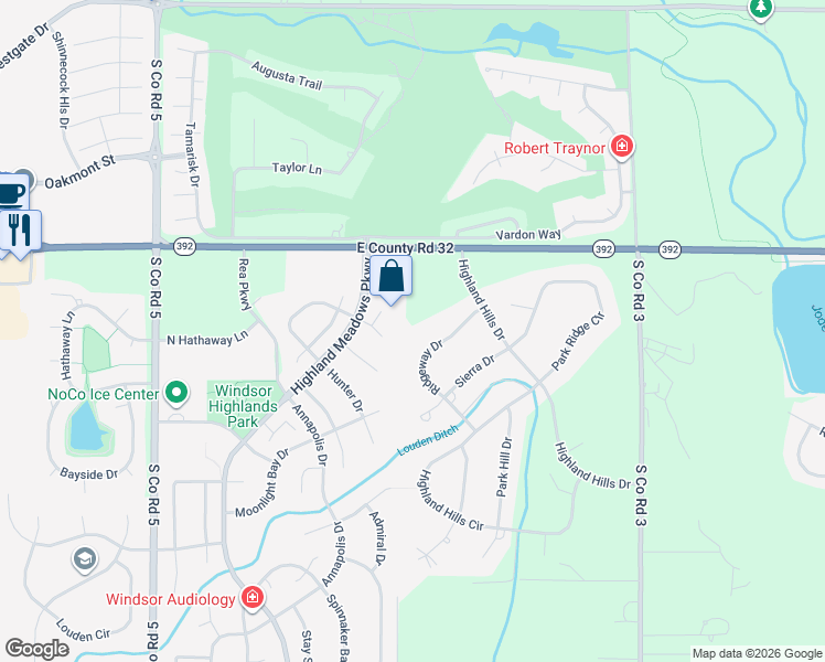 map of restaurants, bars, coffee shops, grocery stores, and more near 5682 Ridgeway Drive in Fort Collins