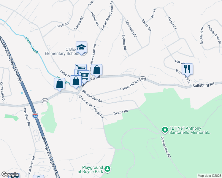 map of restaurants, bars, coffee shops, grocery stores, and more near 541 Center Hill Road in Pittsburgh