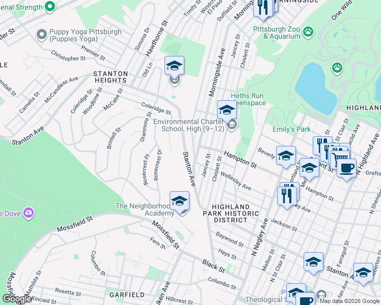 map of restaurants, bars, coffee shops, grocery stores, and more near 1035 Duffield Street in Pittsburgh