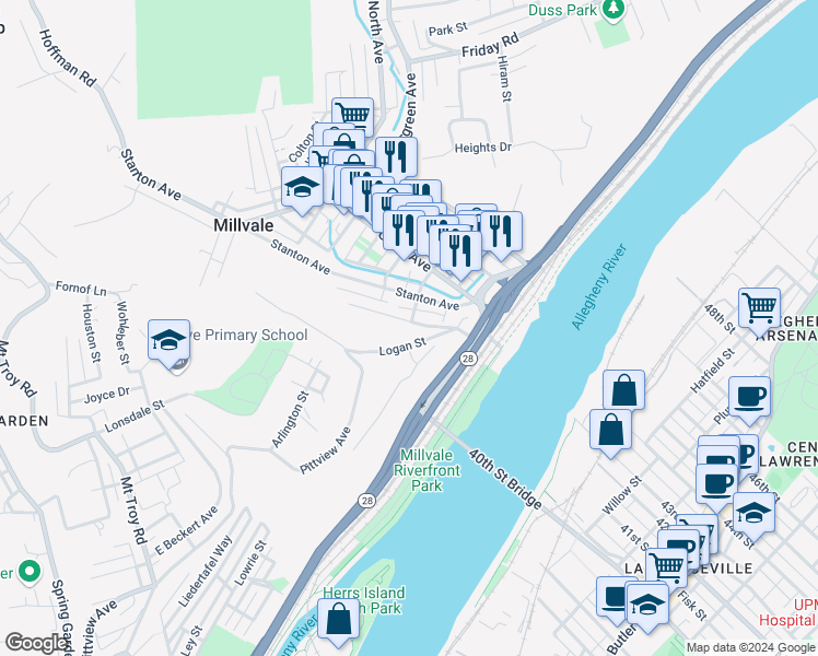map of restaurants, bars, coffee shops, grocery stores, and more near 6 Goodwin Alley in Pittsburgh
