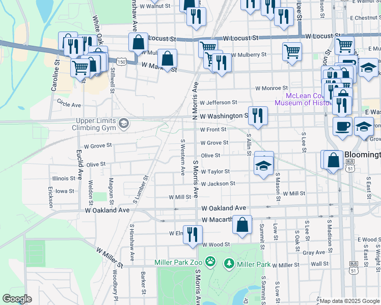 map of restaurants, bars, coffee shops, grocery stores, and more near 1006 West Grove Street in Bloomington