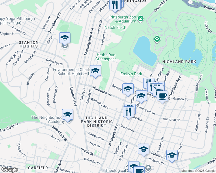 map of restaurants, bars, coffee shops, grocery stores, and more near 1135 King Avenue in Pittsburgh