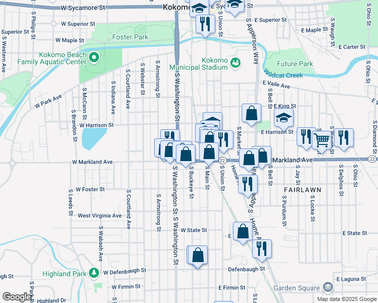 map of restaurants, bars, coffee shops, grocery stores, and more near 921 South Buckeye Street in Kokomo