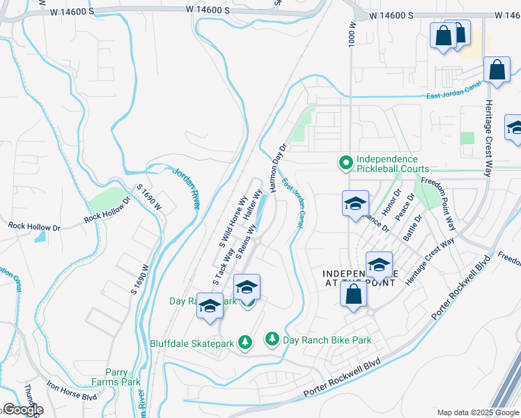 map of restaurants, bars, coffee shops, grocery stores, and more near 15081 Halter Way in Bluffdale