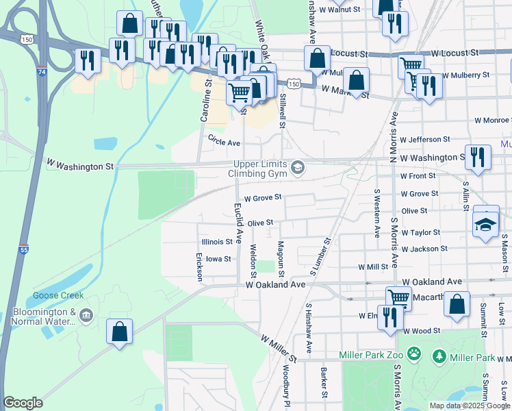 map of restaurants, bars, coffee shops, grocery stores, and more near 1409 1/2 West Grove Street in Bloomington