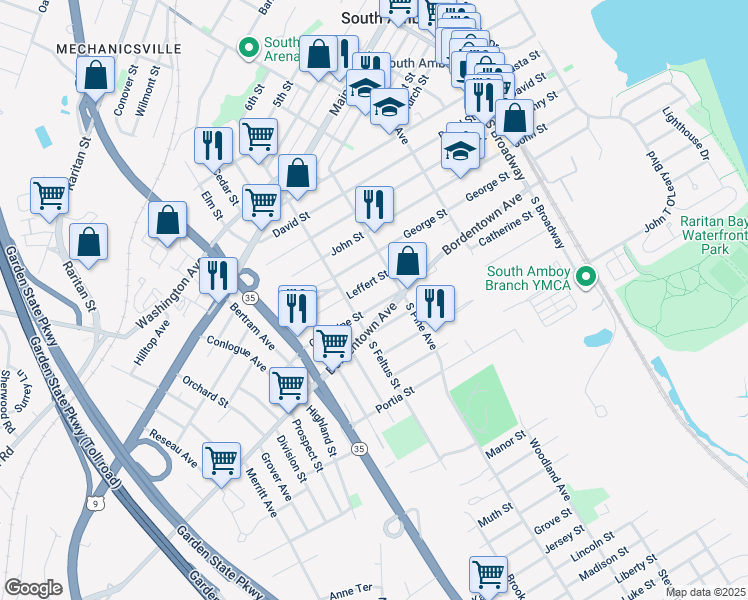 map of restaurants, bars, coffee shops, grocery stores, and more near 417 Leffert Street in South Amboy