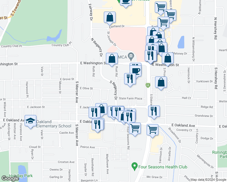 map of restaurants, bars, coffee shops, grocery stores, and more near 123 South Regency Drive in Bloomington
