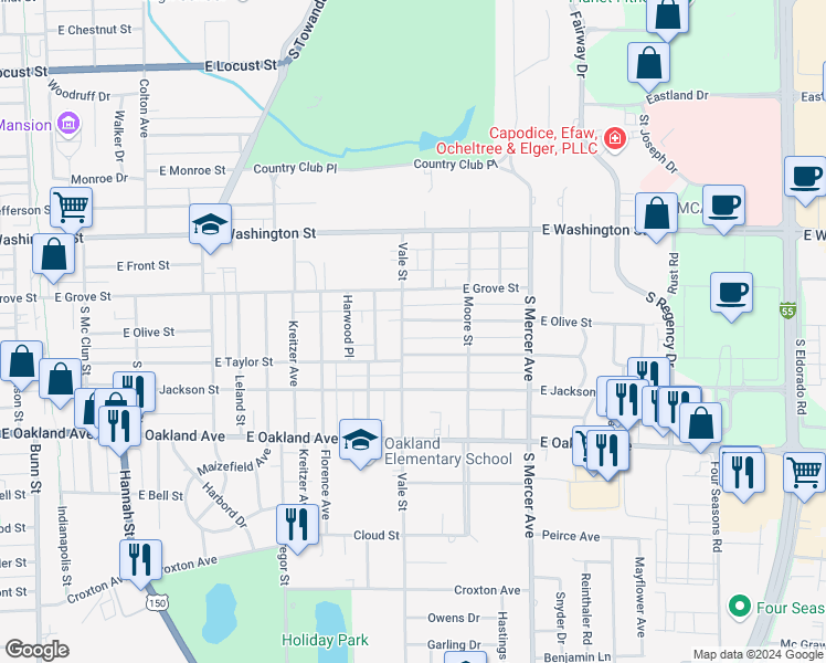map of restaurants, bars, coffee shops, grocery stores, and more near 211 Vale Street in Bloomington