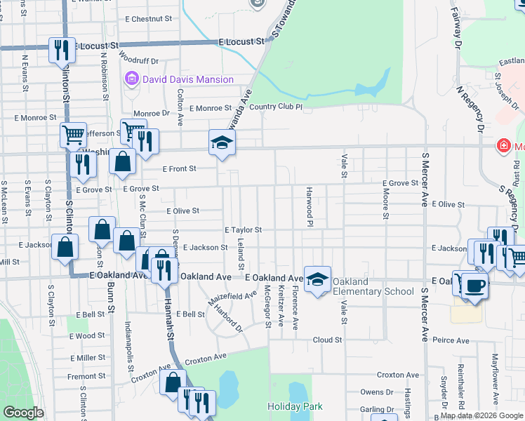 map of restaurants, bars, coffee shops, grocery stores, and more near 201 Kreitzer Avenue in Bloomington