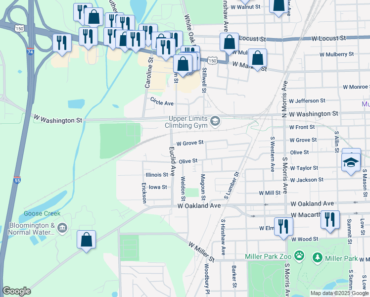map of restaurants, bars, coffee shops, grocery stores, and more near 1409 1/2 West Grove Street in Bloomington