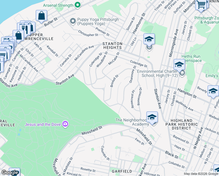 map of restaurants, bars, coffee shops, grocery stores, and more near 8 Coleridge Place in Pittsburgh