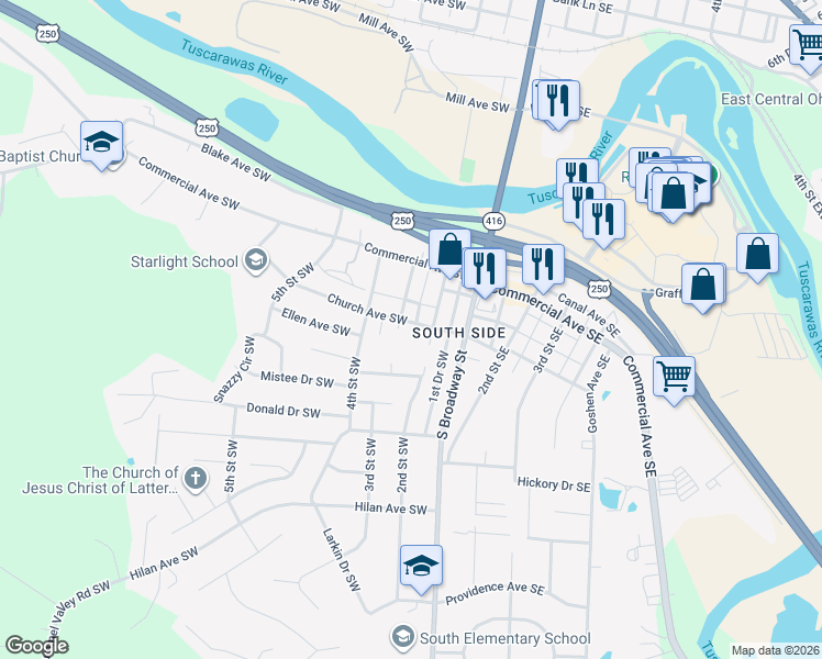 map of restaurants, bars, coffee shops, grocery stores, and more near 757 3rd Street Southwest in New Philadelphia
