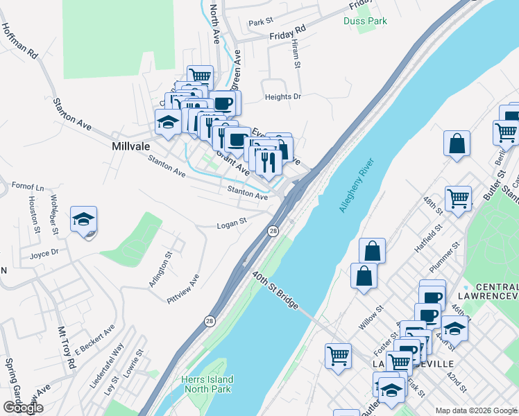 map of restaurants, bars, coffee shops, grocery stores, and more near 215 Stanton Avenue in Pittsburgh