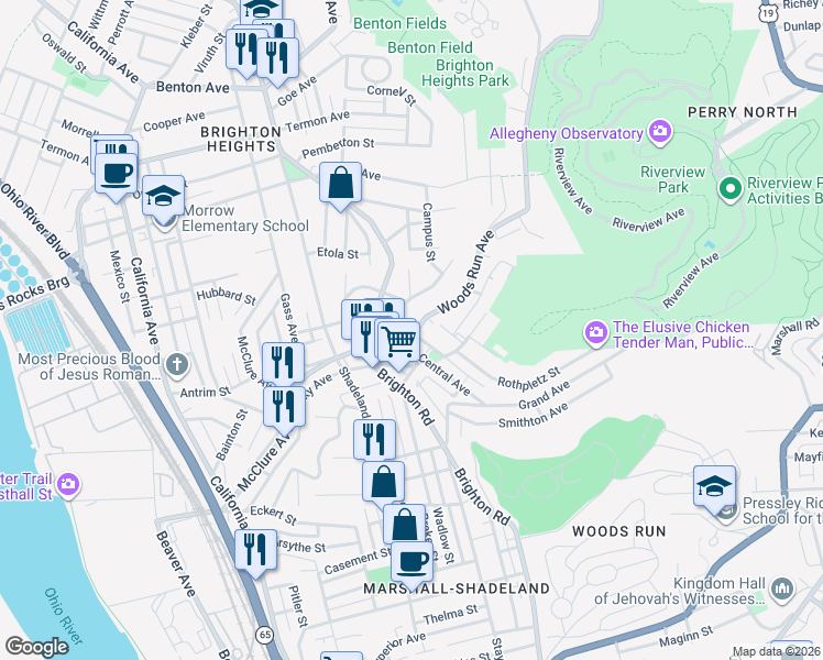 map of restaurants, bars, coffee shops, grocery stores, and more near 1121 Woods Run Avenue in Pittsburgh