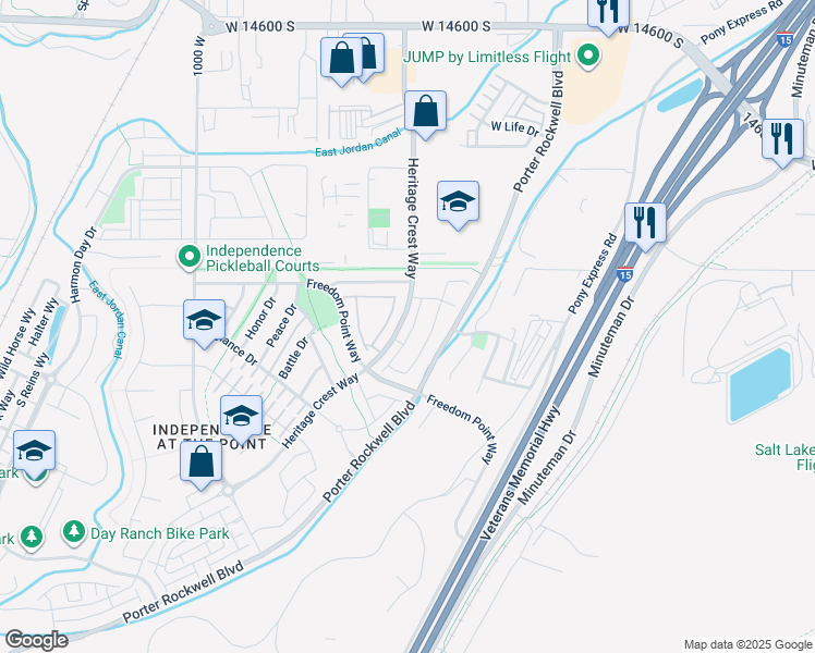 map of restaurants, bars, coffee shops, grocery stores, and more near 15098 Bright Stars Drive in Bluffdale