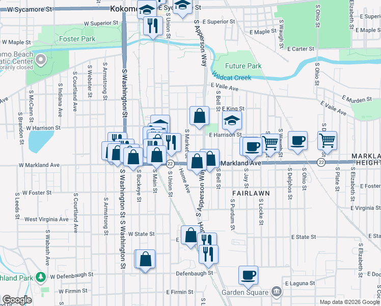 map of restaurants, bars, coffee shops, grocery stores, and more near 903 South Market Street in Kokomo