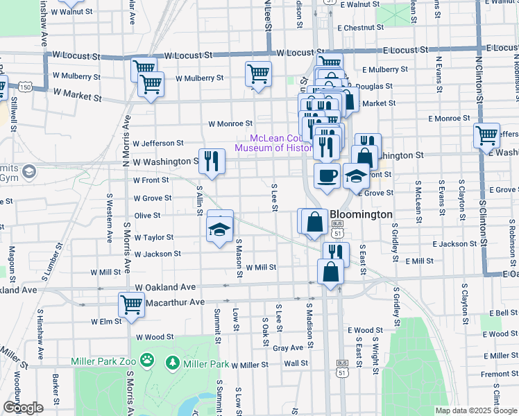 map of restaurants, bars, coffee shops, grocery stores, and more near 508 West Grove Street in Bloomington