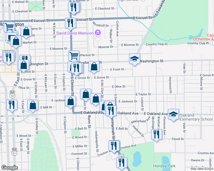 map of restaurants, bars, coffee shops, grocery stores, and more near 1008 East Olive Street in Bloomington