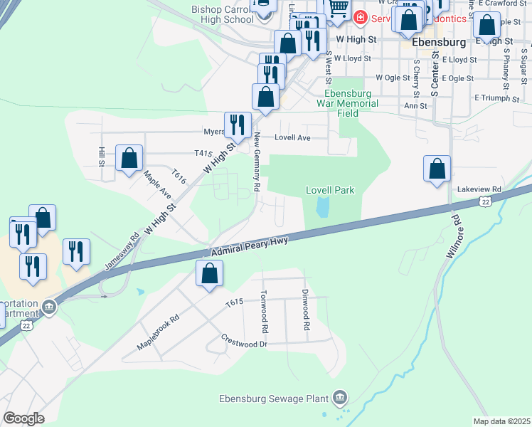 map of restaurants, bars, coffee shops, grocery stores, and more near 123 McConahy Way in Ebensburg