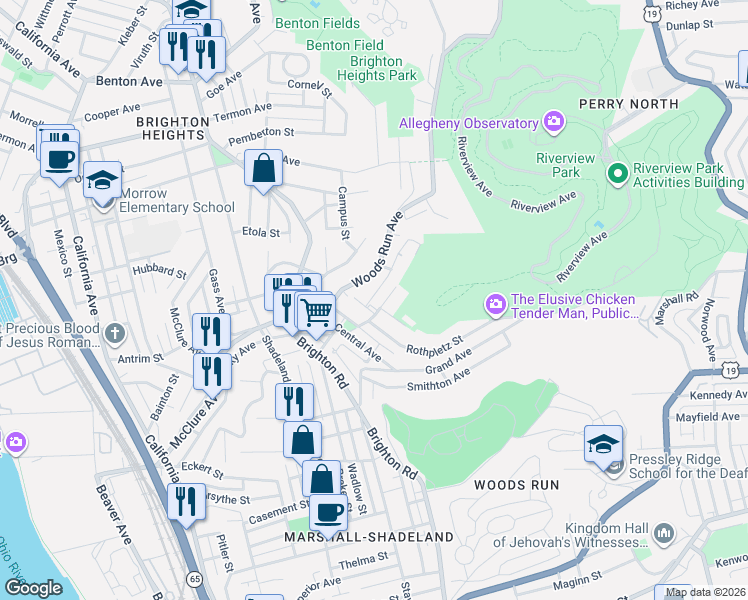 map of restaurants, bars, coffee shops, grocery stores, and more near 1102 Langtry Street in Pittsburgh