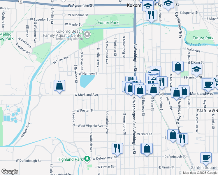 map of restaurants, bars, coffee shops, grocery stores, and more near 900 South Courtland Avenue in Kokomo
