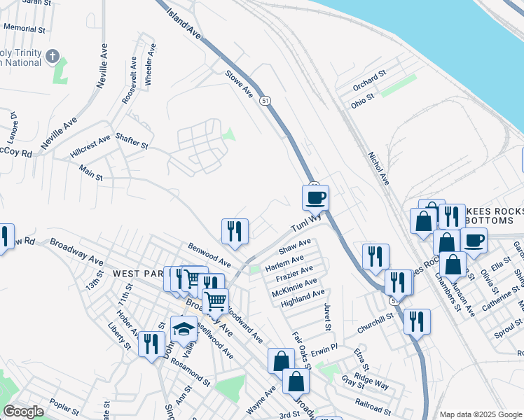 map of restaurants, bars, coffee shops, grocery stores, and more near 1 Young Street in McKees Rocks