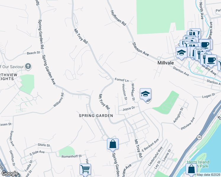 map of restaurants, bars, coffee shops, grocery stores, and more near 2900 Mount Troy Road in Pittsburgh