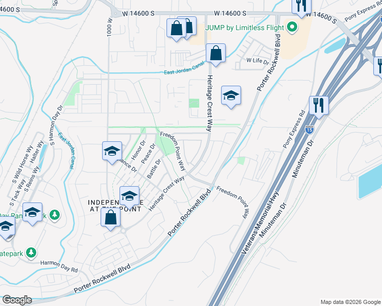map of restaurants, bars, coffee shops, grocery stores, and more near 15130 Beacon Point Lane in Bluffdale
