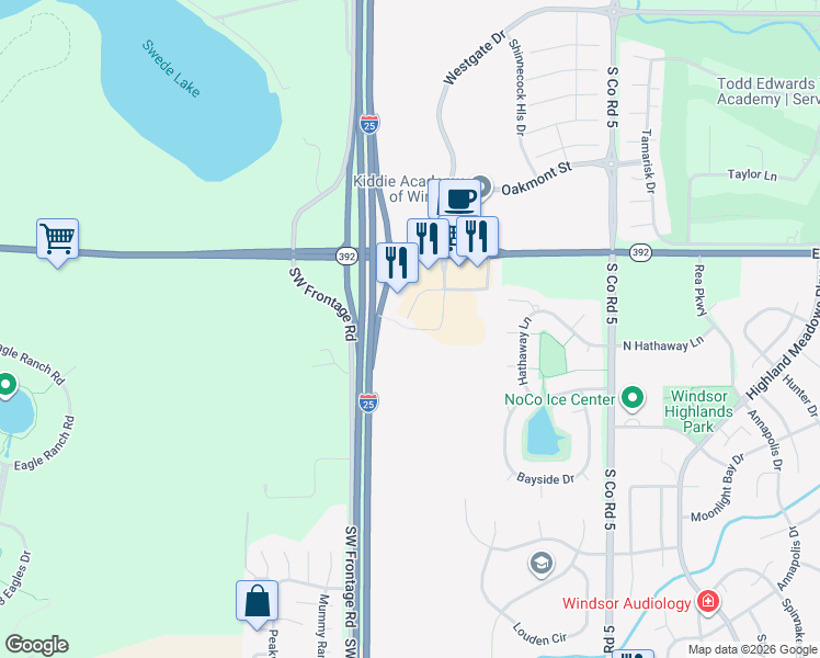 map of restaurants, bars, coffee shops, grocery stores, and more near 8420 Southeast Frontage Road in Windsor