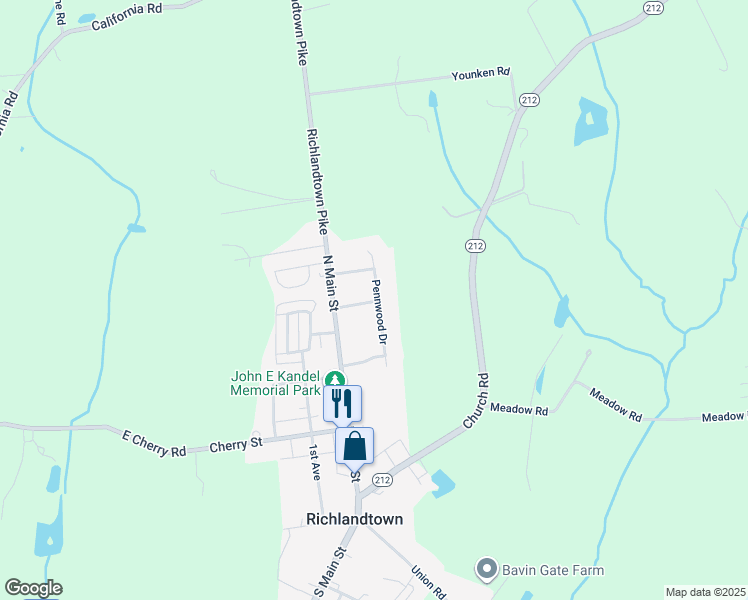 map of restaurants, bars, coffee shops, grocery stores, and more near 304 Pennwood Drive in Richlandtown