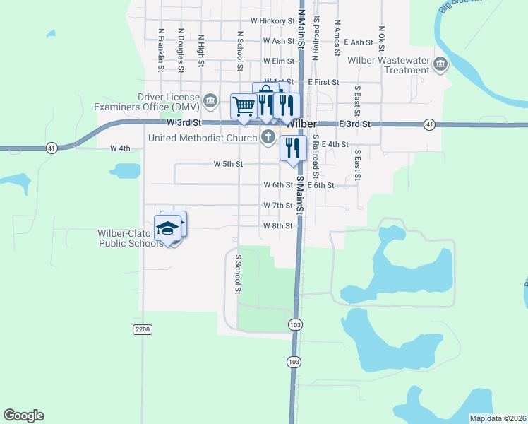 map of restaurants, bars, coffee shops, grocery stores, and more near 223 West 7th Street in Wilber