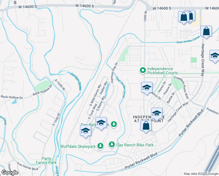 map of restaurants, bars, coffee shops, grocery stores, and more near 15079 South Reins Way in Bluffdale