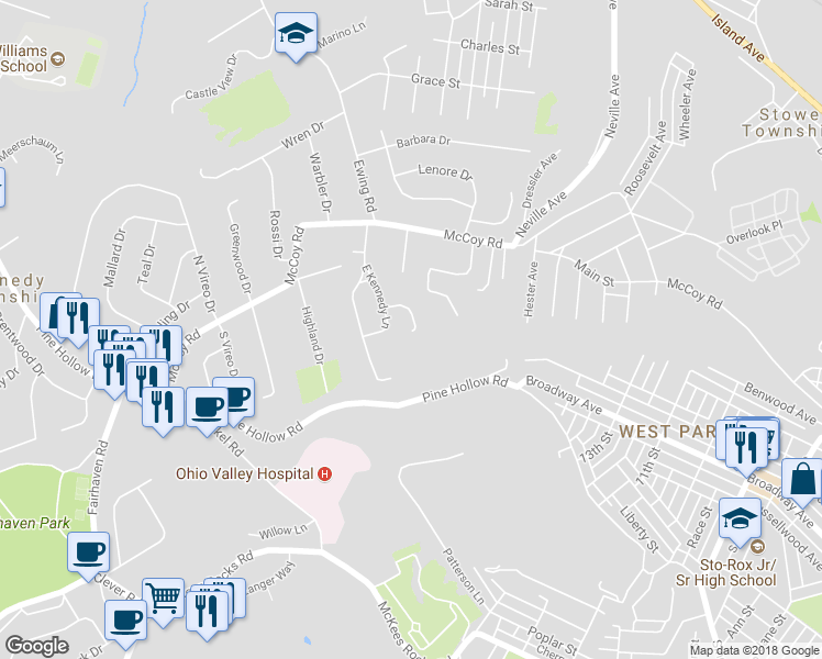 map of restaurants, bars, coffee shops, grocery stores, and more near 102 Colonial Drive in McKees Rocks