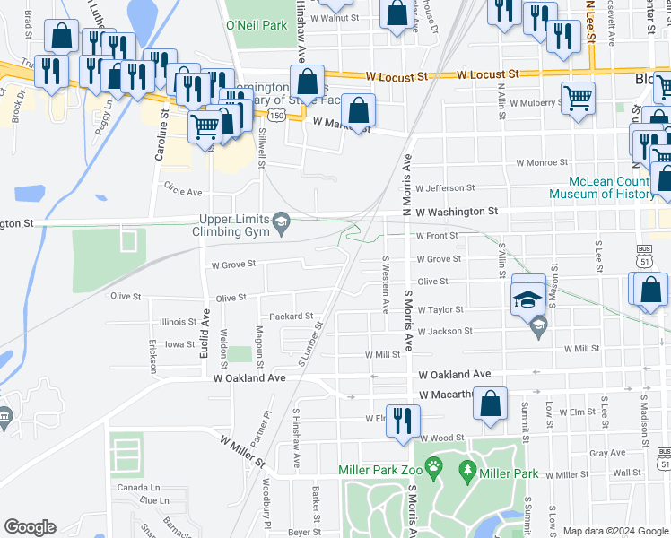 map of restaurants, bars, coffee shops, grocery stores, and more near 1204 West Grove Street in Bloomington