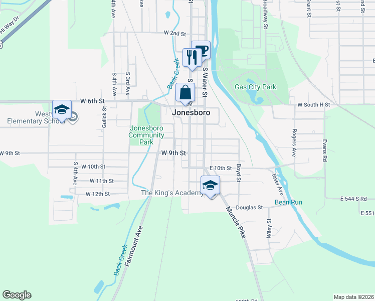 map of restaurants, bars, coffee shops, grocery stores, and more near 102 West 9th Street in Jonesboro