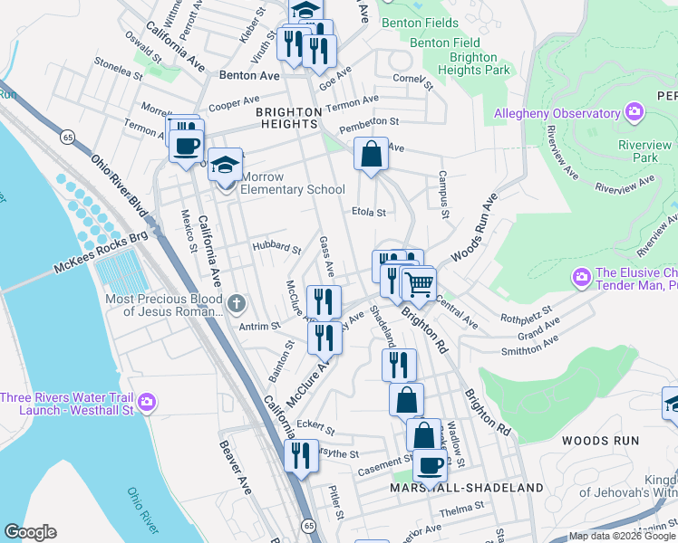 map of restaurants, bars, coffee shops, grocery stores, and more near 3411 Shadeland Avenue in Pittsburgh
