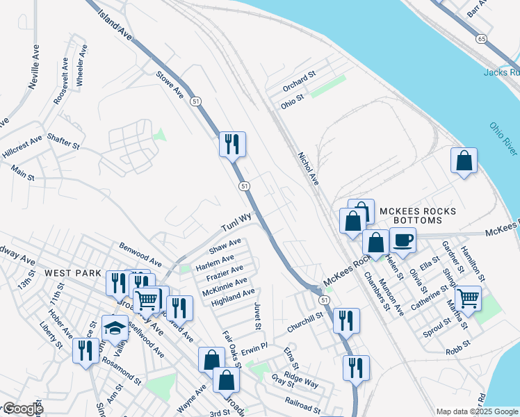 map of restaurants, bars, coffee shops, grocery stores, and more near 1116 Island Avenue in McKees Rocks