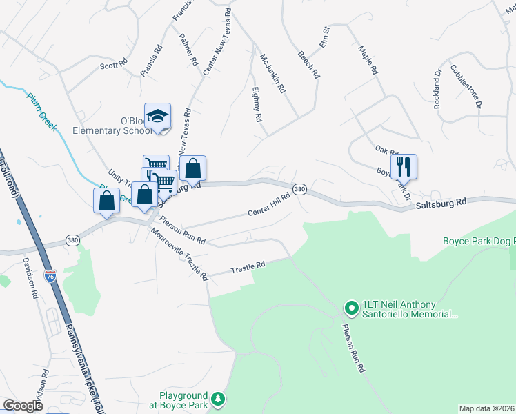 map of restaurants, bars, coffee shops, grocery stores, and more near 555 Center Hill Road in Pittsburgh