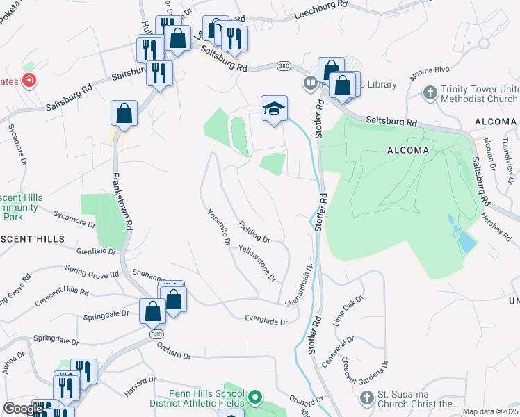map of restaurants, bars, coffee shops, grocery stores, and more near 59 Rushmore Drive in Pittsburgh