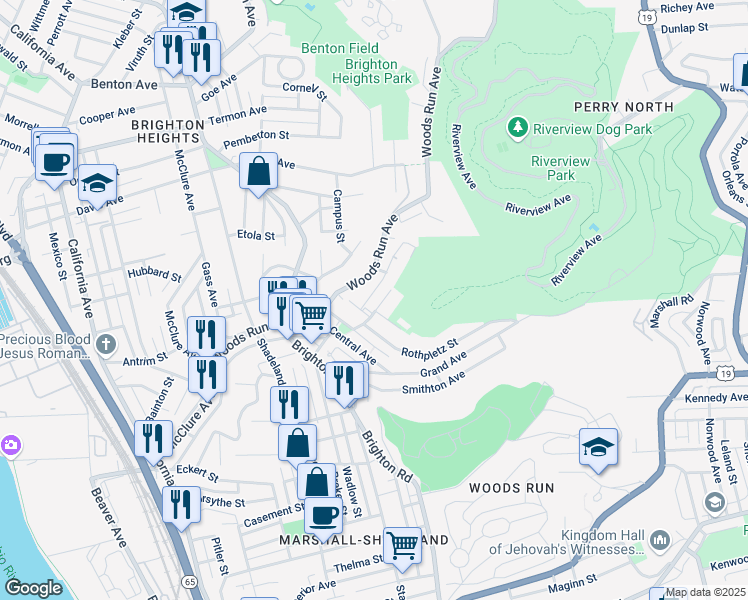 map of restaurants, bars, coffee shops, grocery stores, and more near 1102 Langtry Street in Pittsburgh