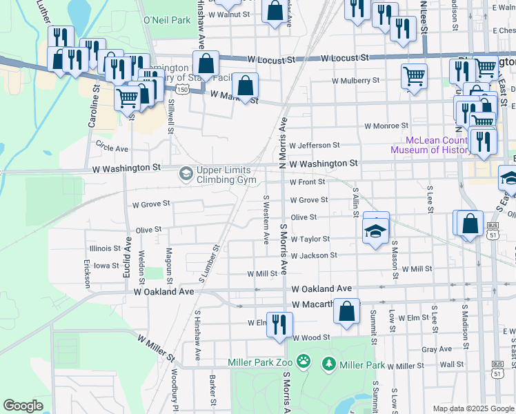 map of restaurants, bars, coffee shops, grocery stores, and more near 1110 West Grove Street in Bloomington