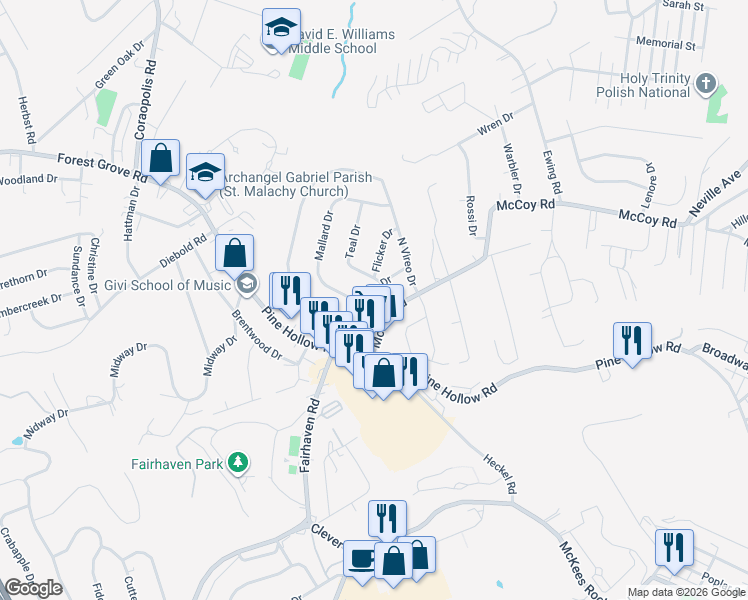 map of restaurants, bars, coffee shops, grocery stores, and more near 113 Starling Drive in McKees Rocks