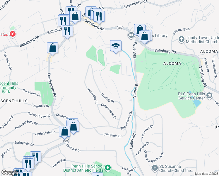 map of restaurants, bars, coffee shops, grocery stores, and more near 59 Rushmore Drive in Pittsburgh