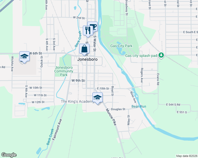 map of restaurants, bars, coffee shops, grocery stores, and more near 207 East 9th Street in Jonesboro