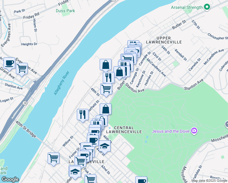 map of restaurants, bars, coffee shops, grocery stores, and more near 4900 Hatfield Street in Pittsburgh