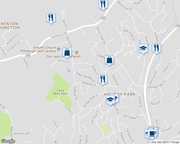 map of restaurants, bars, coffee shops, grocery stores, and more near 38 Carlsbad Road in Pittsburgh