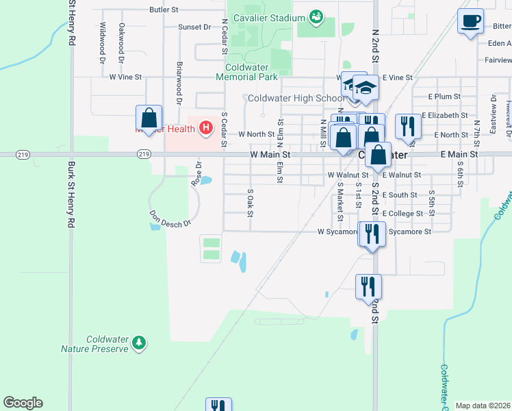 map of restaurants, bars, coffee shops, grocery stores, and more near 303 South Oak Street in Coldwater