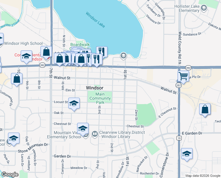 map of restaurants, bars, coffee shops, grocery stores, and more near 214 Elm Street in Windsor