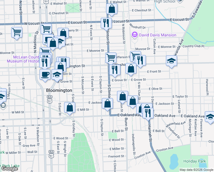 map of restaurants, bars, coffee shops, grocery stores, and more near 712 East Olive Street in Bloomington