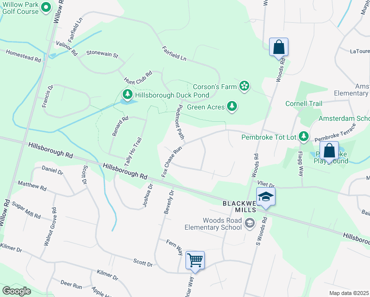 map of restaurants, bars, coffee shops, grocery stores, and more near 17 Fox Chase Run in Hillsborough Township